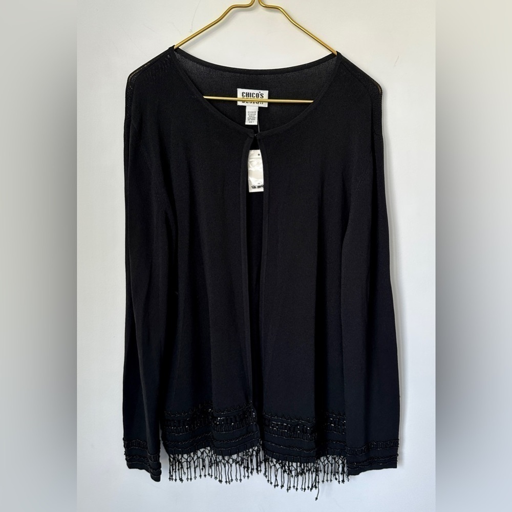 NWT Vintage Chico’s Design Black Beaded Open Front Knit Cardigan Size 1 (US M)